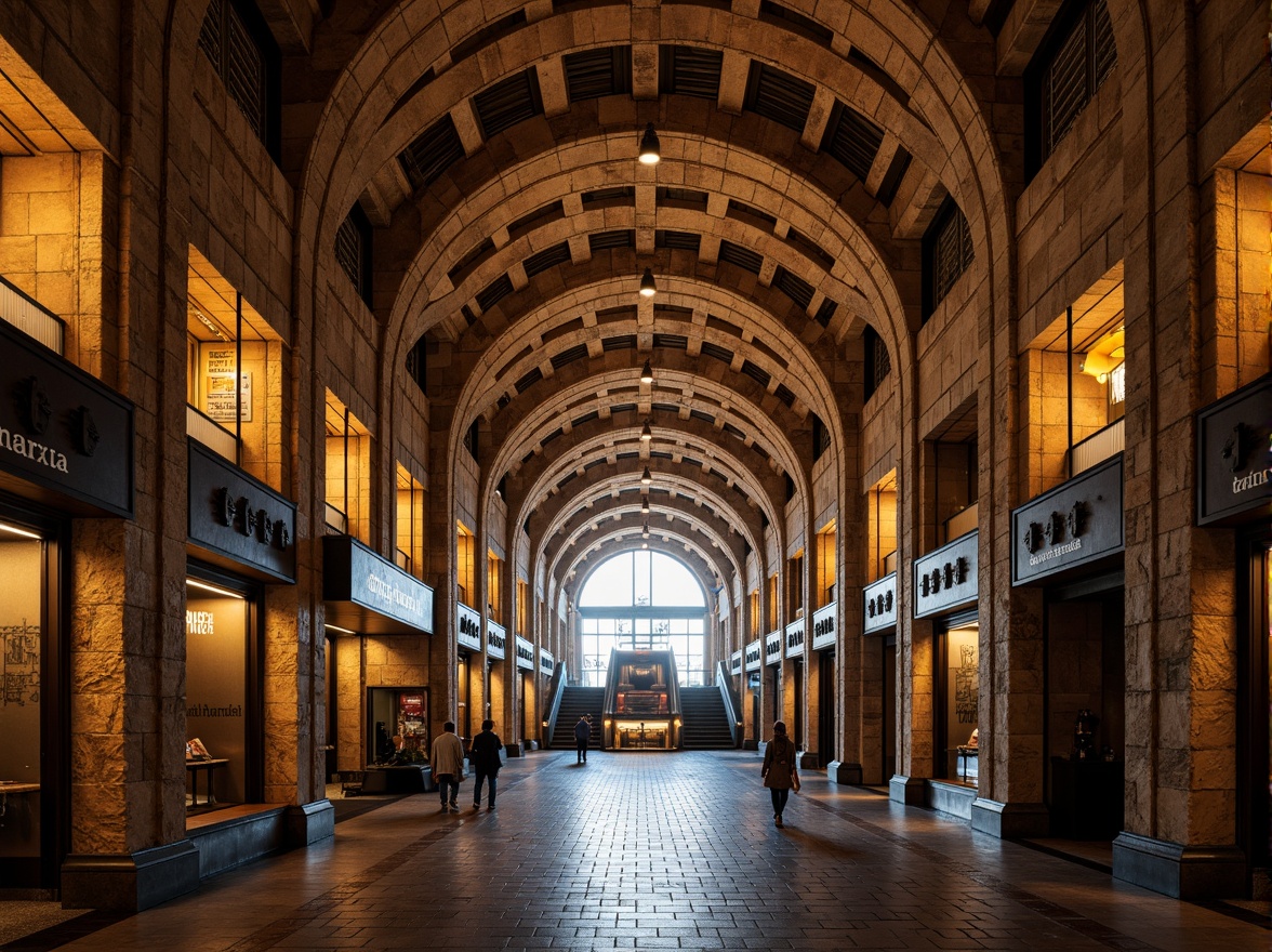 Prompt: Grand underground metro station, rustic masonry walls, arched ceilings, ornate columns, richly textured stonework, warm golden lighting, dramatic shadows, Romanesque-inspired architecture, heavy stone foundations, robust brick vaults, intricate carvings, medieval-style ornaments, grand entrance halls, sweeping staircases, elegant platform design, vintage railings, classic signage, atmospheric ambiance, soft natural light filtering through glass roofs.