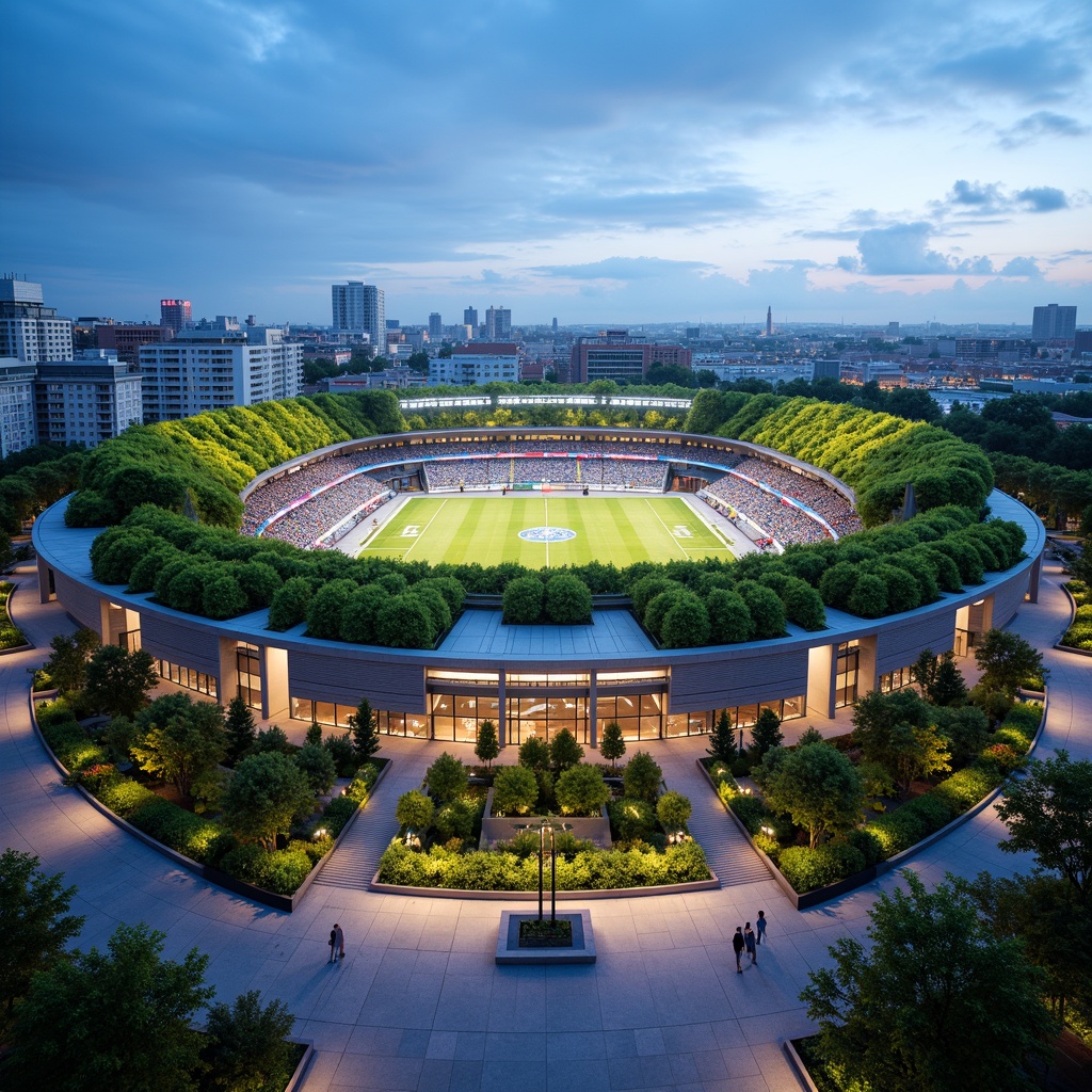 Prompt: Sweeping stadium curves, lush green roofs, integrated landscape design, natural stone fa\u00e7ades, dynamic LED lighting, sleek modern architecture, grand entrance gates, vibrant flower arrangements, pedestrian walkways, public art installations, urban cityscape views, clear blue skies, dramatic cloudy weather, low-angle camera shots, cinematic lighting effects, atmospheric fog, 1/2 composition, symmetrical framing, realistic crowd simulations, detailed spectator textures.