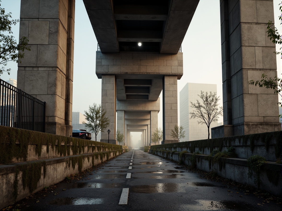 Prompt: Rugged brutalist bridge, exposed concrete structure, rough stone walls, metallic railings, industrial-style lighting, urban cityscape, misty morning atmosphere, soft warm light, shallow depth of field, 1/2 composition, realistic textures, ambient occlusion, weathered steel surfaces, poured concrete foundation, geometric shapes, bold architectural forms, monochromatic color scheme, harsh shadows, dramatic lighting effects.