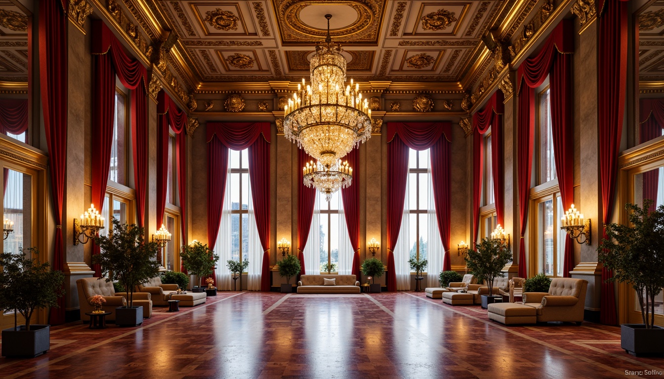 Prompt: Opulent grand ballroom, rich gold accents, ornate chandeliers, lavish velvet drapes, intricately carved wooden paneling, gilded mirrors, majestic stone columns, vibrant red marble flooring, dramatic arched windows, soft warm candlelight, shallow depth of field, 1/1 composition, realistic textures, ambient occlusion.