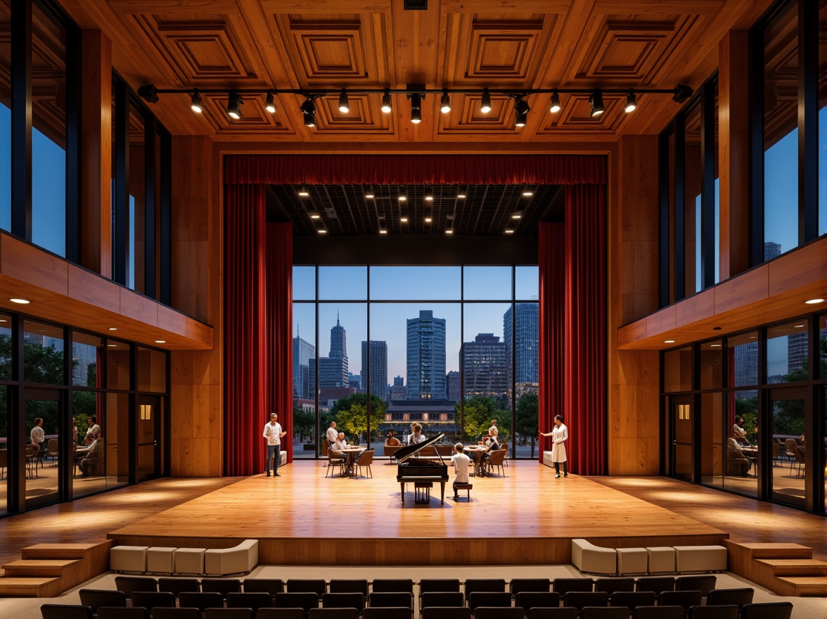 Prompt: Luxurious concert hall, rich wooden textures, polished ebony floors, velvet curtains, ornate golden details, majestic stage presence, dramatic lighting systems, soft warm ambiance, intimate seating arrangements, acoustic paneling, sound-absorbing materials, grand piano, sleek modern architecture, floor-to-ceiling windows, urban cityscape views, evening atmosphere, soft focus, 1/2 composition, realistic reflections.