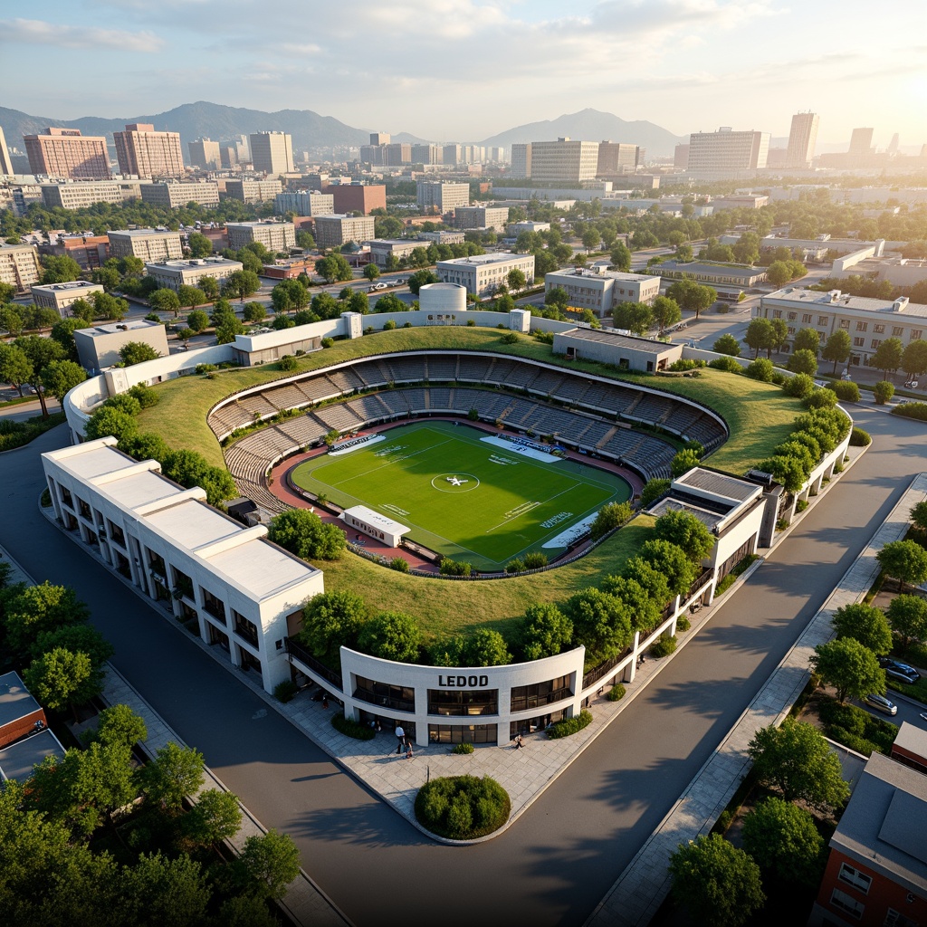 Prompt: Eco-friendly football stadium, lush green roofs, solar panels, wind turbines, rainwater harvesting systems, recyclable materials, energy-efficient lighting, natural ventilation, open-air seating areas, organic food vendors, composting facilities, public transportation hubs, pedestrianized access roads, vibrant urban landscape, bustling cityscape, afternoon sunlight, soft warm atmosphere, shallow depth of field, 1/1 composition, panoramic view, realistic textures, ambient occlusion.