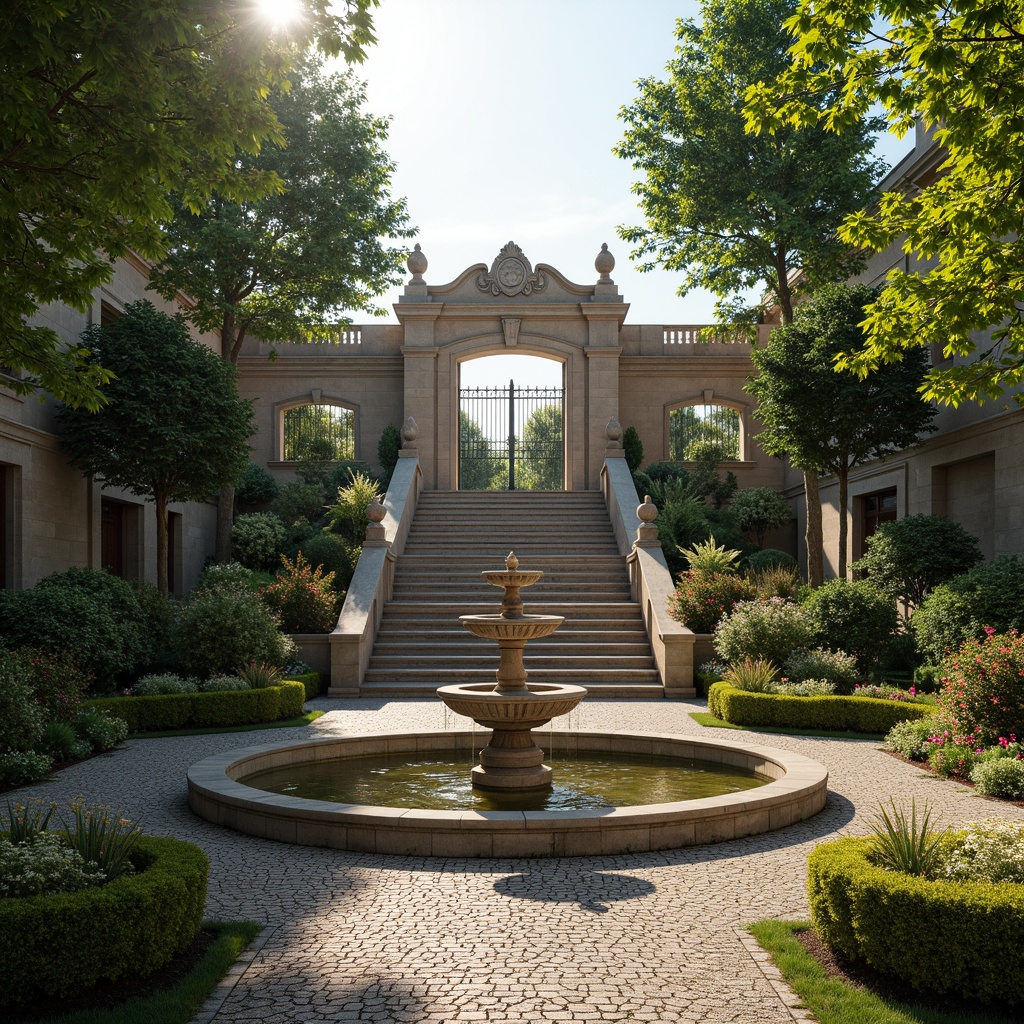 Prompt: Ornate fountain, grand staircase, lush greenery, vibrant flowers, manicured lawns, decorative hedges, statuesque sculptures, intricately carved stone walls, rustic cobblestone pathways, majestic entrance gates, symmetrical landscape design, serene water features, soft warm lighting, dramatic shadowing, 3/4 composition, panoramic view, realistic textures, ambient occlusion.