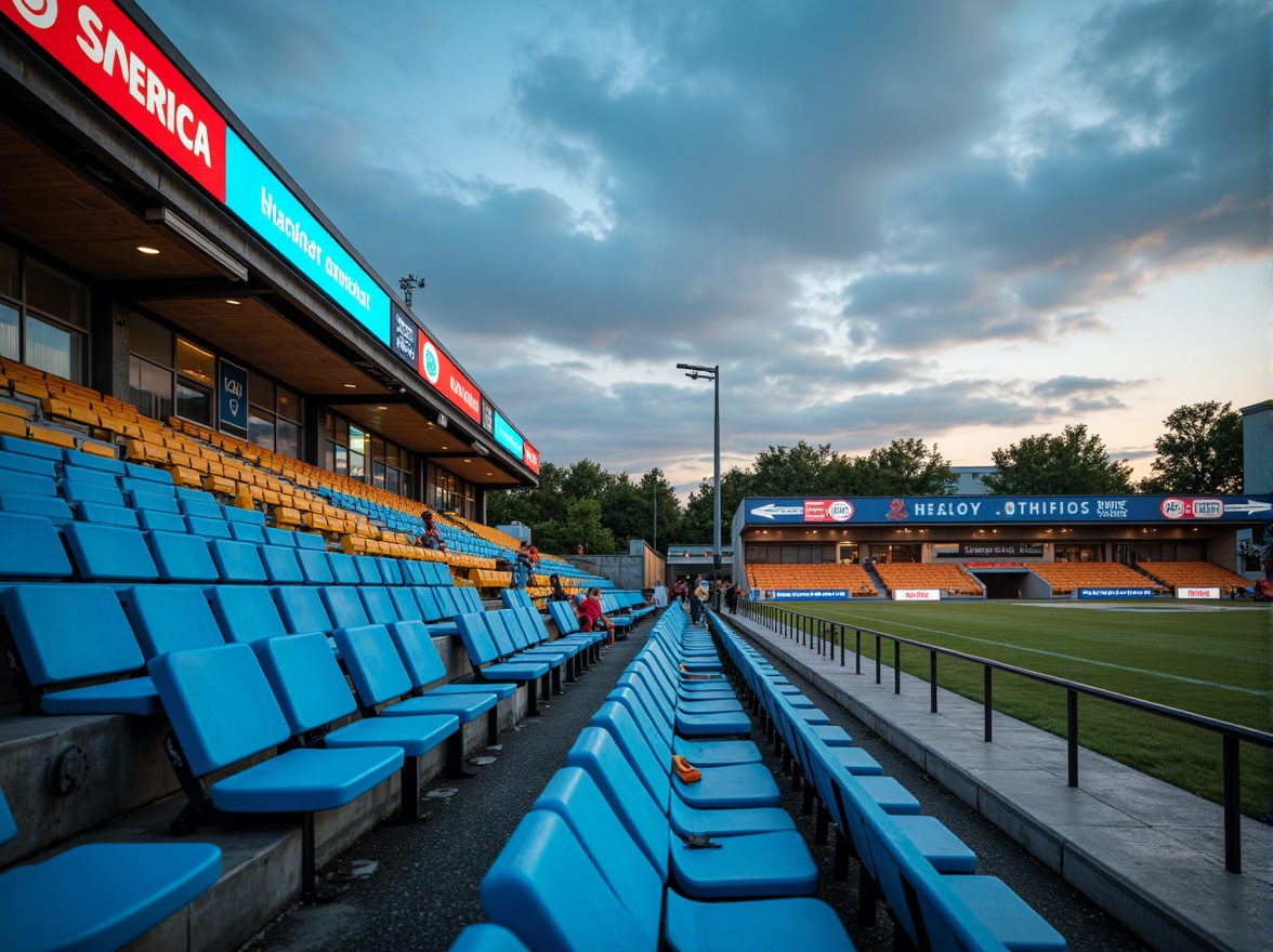 Prompt: Vibrant sports stadium, electric blue seating, neon green accents, warm beige concrete, metallic silver railings, bold red signage, dynamic LED lighting, evening atmosphere, soft golden hour, shallow depth of field, 1/2 composition, cinematic view, realistic textures, ambient occlusion.