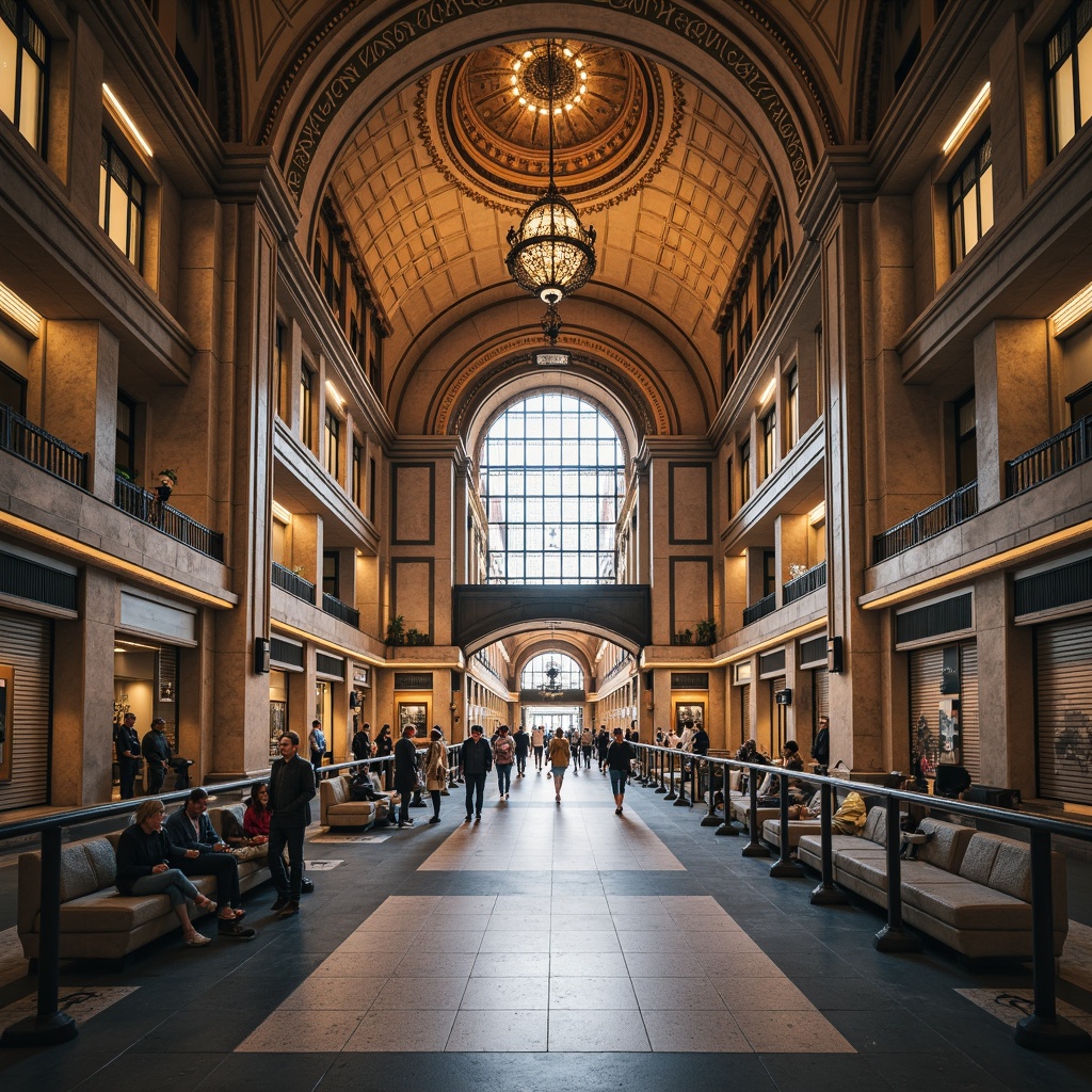 Prompt: Grand metro station, Romanesque archways, ornate stone carvings, vaulted ceilings, intricate mosaics, elegant chandeliers, modern transportation systems, sleek metal railings, polished granite floors, vibrant urban atmosphere, bustling pedestrian traffic, natural light pouring in, warm ambient lighting, shallow depth of field, 3/4 composition, symmetrical view, realistic textures, ambient occlusion.