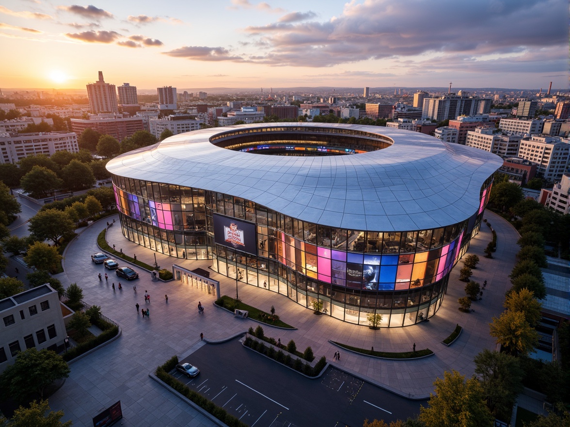 Prompt: Transparent stadium fa\u00e7ade, undulating rooflines, cantilevered upper tiers, sleek glass walls, open-air concourses, panoramic city views, vibrant LED lighting, dynamic shading systems, sustainable building materials, recyclable construction waste, minimal carbon footprint, optimized natural ventilation, efficient HVAC systems, grand entrance plazas, expansive public art installations, futuristic urban landscapes, bustling event atmospheres, dramatic sunsets, high-angle camera shots, 3/4 composition, cinematic lighting effects.