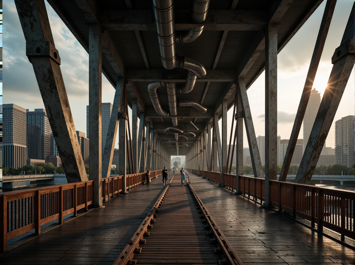 Prompt: Rugged brutalist bridges, industrial metal structures, raw concrete textures, weathered steel beams, exposed ductwork, urban cityscape, overcast skies, misty atmosphere, dramatic shadows, warm golden lighting, 3/4 composition, cinematic angles, gritty realistic renderings, detailed rusty bolts, worn wooden planks.