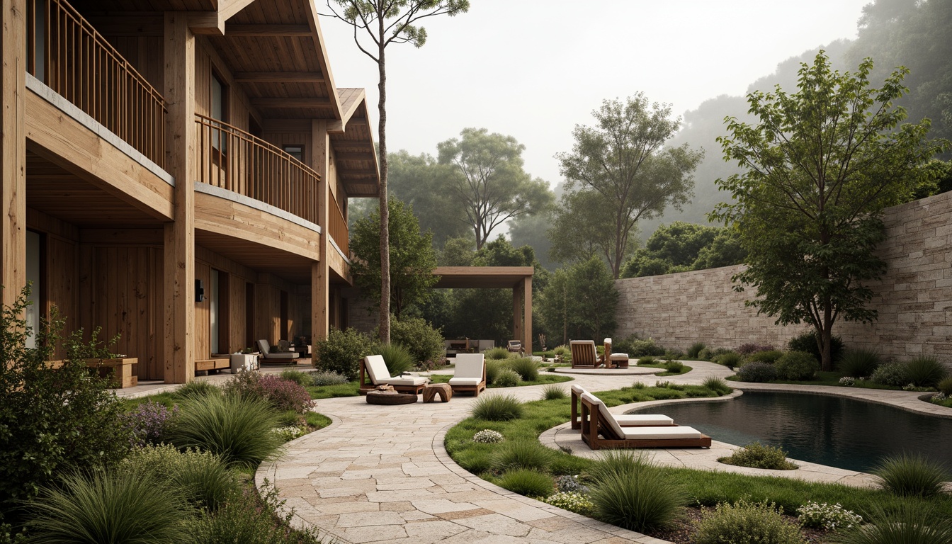 Prompt: Earthy tones, natural stone walls, reclaimed wood accents, living green roofs, bamboo flooring, organic curves, flowing lines, minimal ornamentation, seamless transitions, earthy scent, warm soft lighting, overcast skies, misty atmosphere, 3/4 composition, shallow depth of field, realistic textures, ambient occlusion.