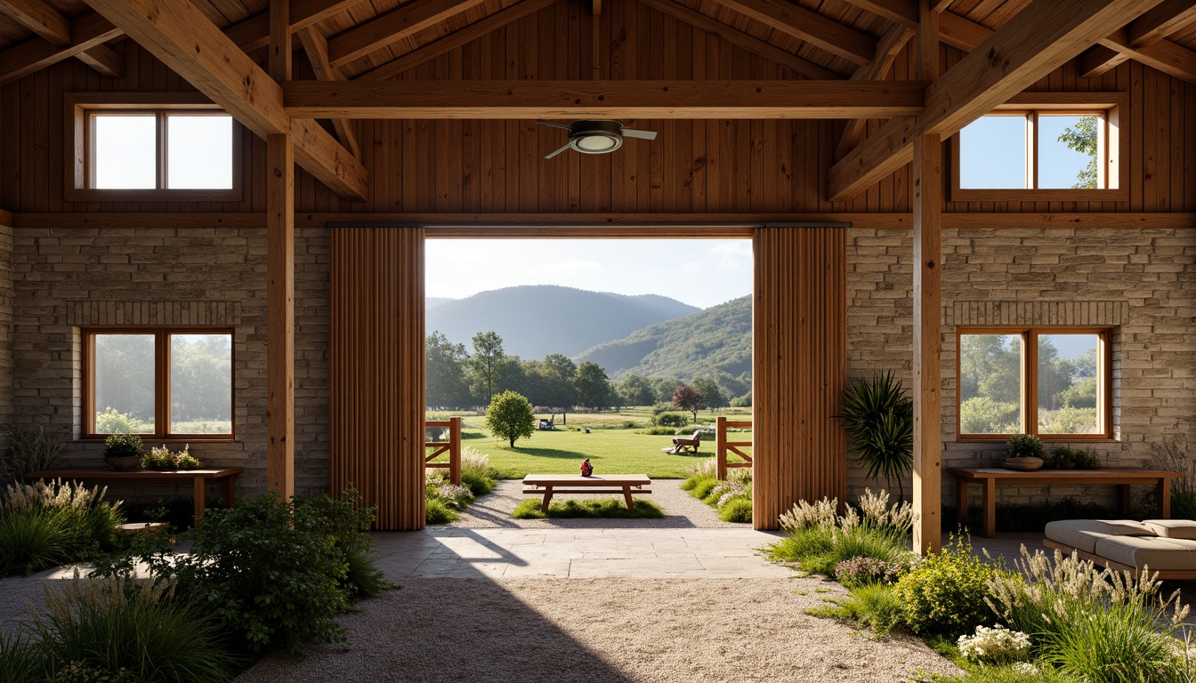 Prompt: Rustic barn, wooden beams, hayloft windows, stone walls, earthy tones, natural materials, rural landscape, rolling hills, green pastures, wildflowers, sunny afternoon, warm soft lighting, shallow depth of field, 1/1 composition, symmetrical framing, realistic textures, ambient occlusion, vintage farm equipment, old wooden fences, rustic metal roofs, traditional agricultural architecture, modern minimalist interior, reclaimed wood accents, earthy color palette.