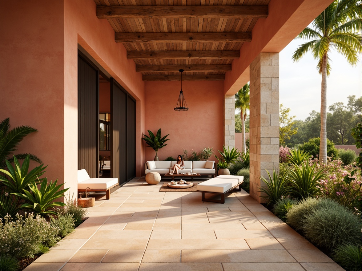 Prompt: Vibrant apricot hues, warm beige tones, soft peach accents, rustic terracotta textures, natural stone walls, earthy brown wood floors, minimalist modern furniture, sleek metal decor, abundant greenery, lush plants, tropical flowers, bright sunny day, gentle warm lighting, shallow depth of field, 3/4 composition, panoramic view, realistic textures, ambient occlusion.