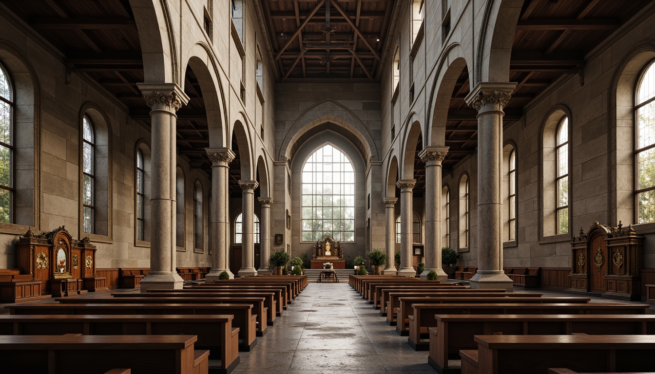 Prompt: Rugged church exterior, brutalist architecture, raw concrete texture, fortress-like fa\u00e7ade, imposing stone walls, dramatic natural light, stained glass windows, intricate ribbed vaults, ornate wooden pews, solemn atmosphere, diffused warm lighting, high contrast shadows, 1/1 composition, symmetrical framing, richly ornamented pulpits, bold geometric patterns, distressed metal accents, atmospheric fog effects, misty morning light.