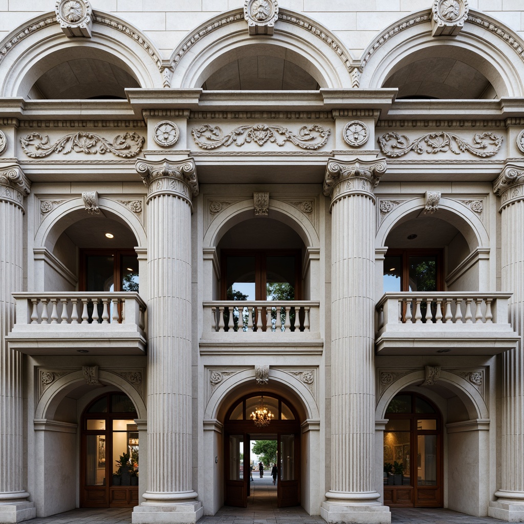 Prompt: Grandiose building facade, ornate columns, intricately carved stonework, symmetrical composition, majestic entrance, sweeping archways, classical pediments, ornamental balconies, decorative cornices, rusticated quoins, limestone walls, subtle color palette, soft natural lighting, shallow depth of field, 1/2 composition, realistic textures, ambient occlusion.