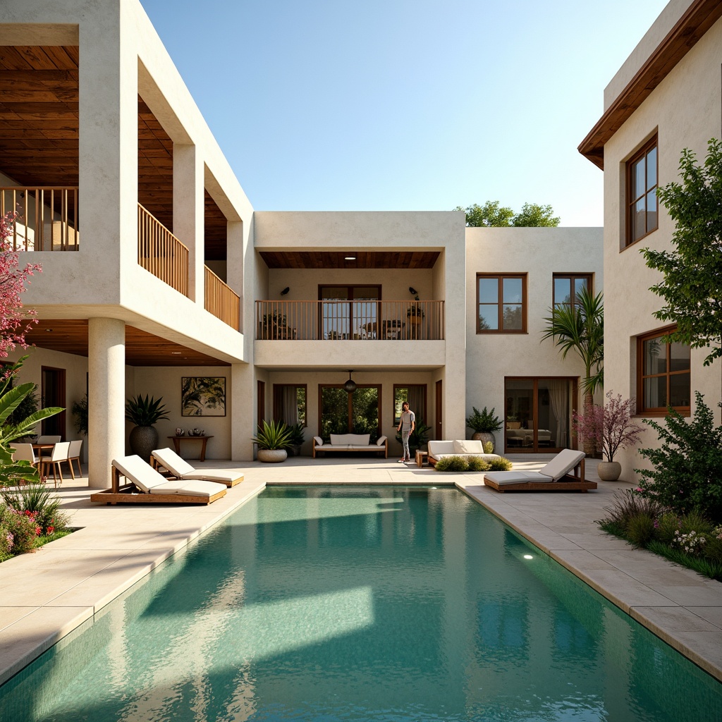 Prompt: Luxurious villa, warm earthy tones, creamy whites, rich wood accents, vibrant turquoise pools, lush greenery, blooming flowers, rustic stone walls, modern sleek lines, grand entranceways, ornate iron gates, lavish furnishings, soft golden lighting, shallow depth of field, 3/4 composition, panoramic view, realistic textures, ambient occlusion.