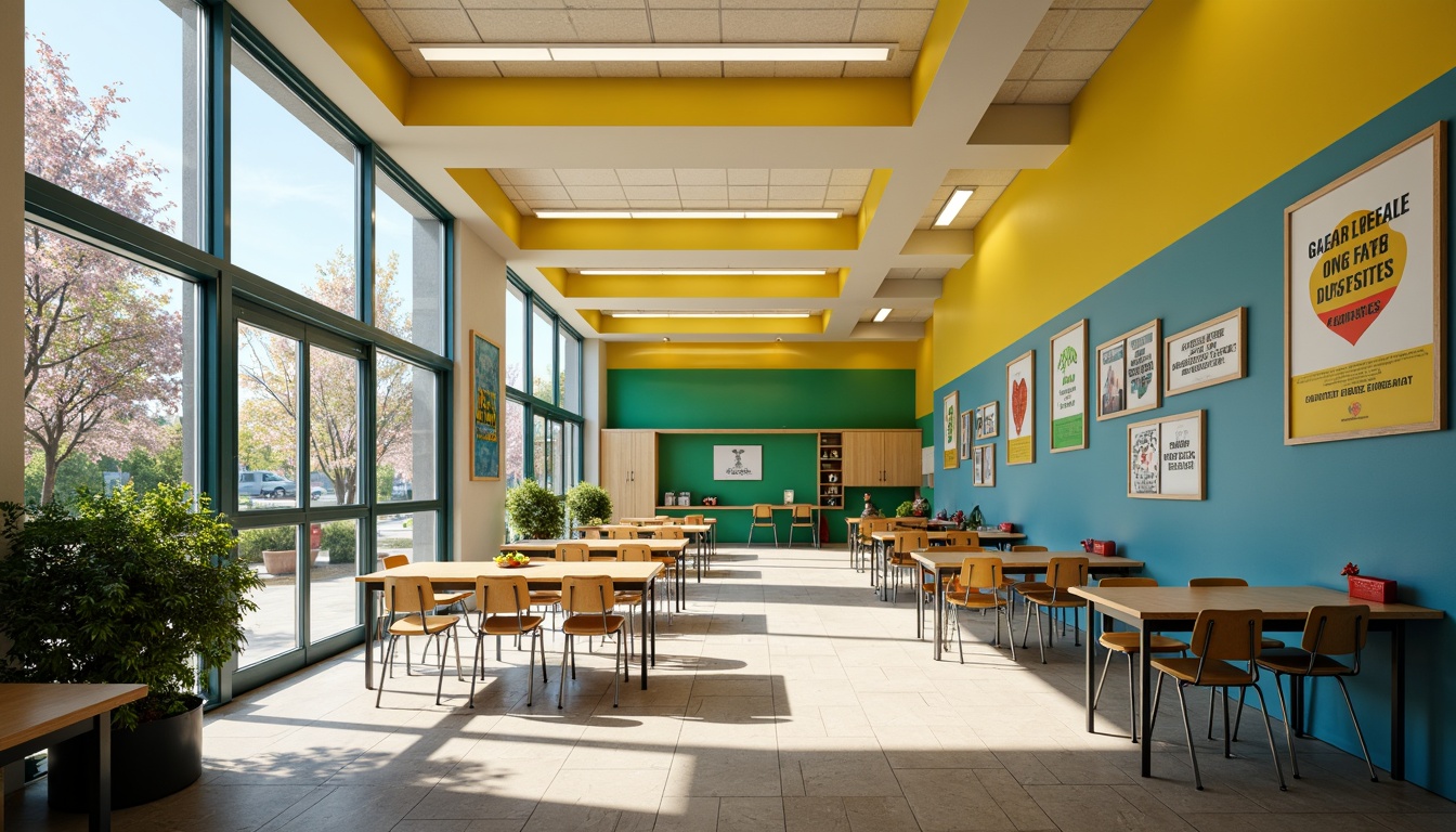 Prompt: Vibrant elementary school, bright yellow walls, calming blue accents, stimulating green classrooms, inspirational quotes, educational posters, wooden desks, ergonomic chairs, softbox lighting, natural stone floors, modern architecture, large windows, glass doors, blooming trees, sunny day, shallow depth of field, 3/4 composition, panoramic view, realistic textures, ambient occlusion.