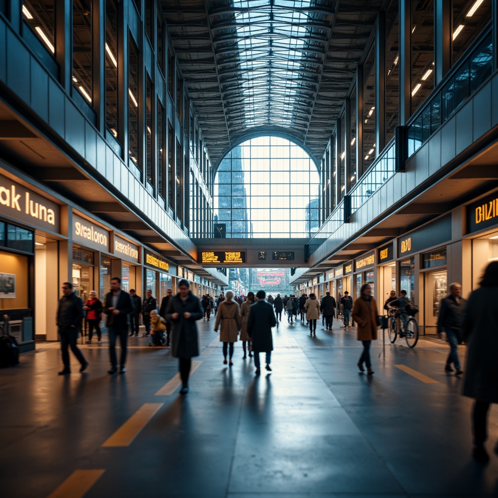 Prompt: Modern international style train station, high ceilings, sleek lines, minimalist decor, large windows, natural light pouring in, LED lighting systems, soft warm ambiance, futuristic glow, color-changing neon lights, dynamic signage, urban atmosphere, bustling crowd, morning commute, rush hour scene, shallow depth of field, 3/4 composition, panoramic view, realistic textures, ambient occlusion.