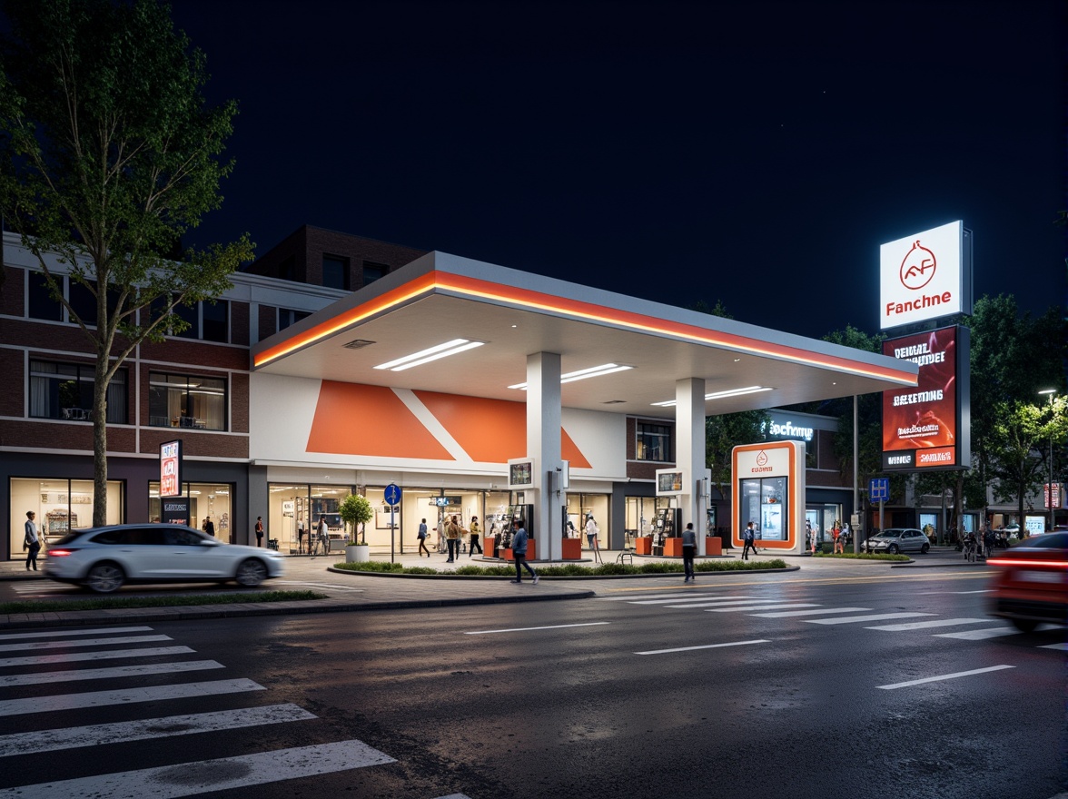 Prompt: Geometric gas station facade, clean lines, rectangular forms, primary colors, industrial materials, steel beams, glass canopies, minimalist signage, urban cityscape, busy streets, modern traffic, sleek vehicles, neon lighting, night scene, shallow depth of field, 1/1 composition, realistic reflections, ambient occlusion.