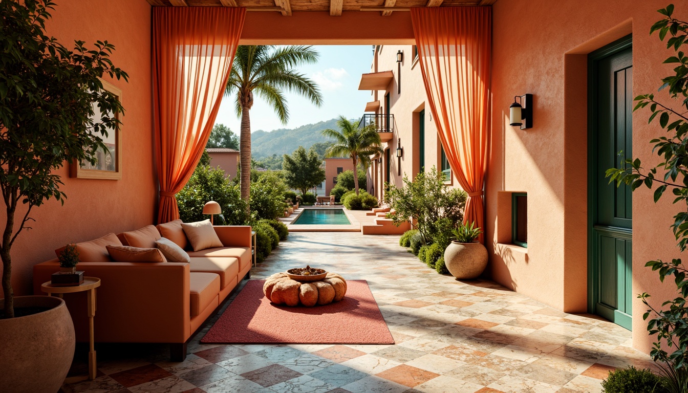 Prompt: Vibrant tangerine hues, warm golden tones, rich coral shades, deep turquoise accents, creamy whites, soft peach undertones, lush green foliage, natural wood textures, eclectic bohemian patterns, intricate Moroccan-inspired tiles, warm sunny lighting, shallow depth of field, 3/4 composition, panoramic view, realistic vibrant colors, ambient occlusion.