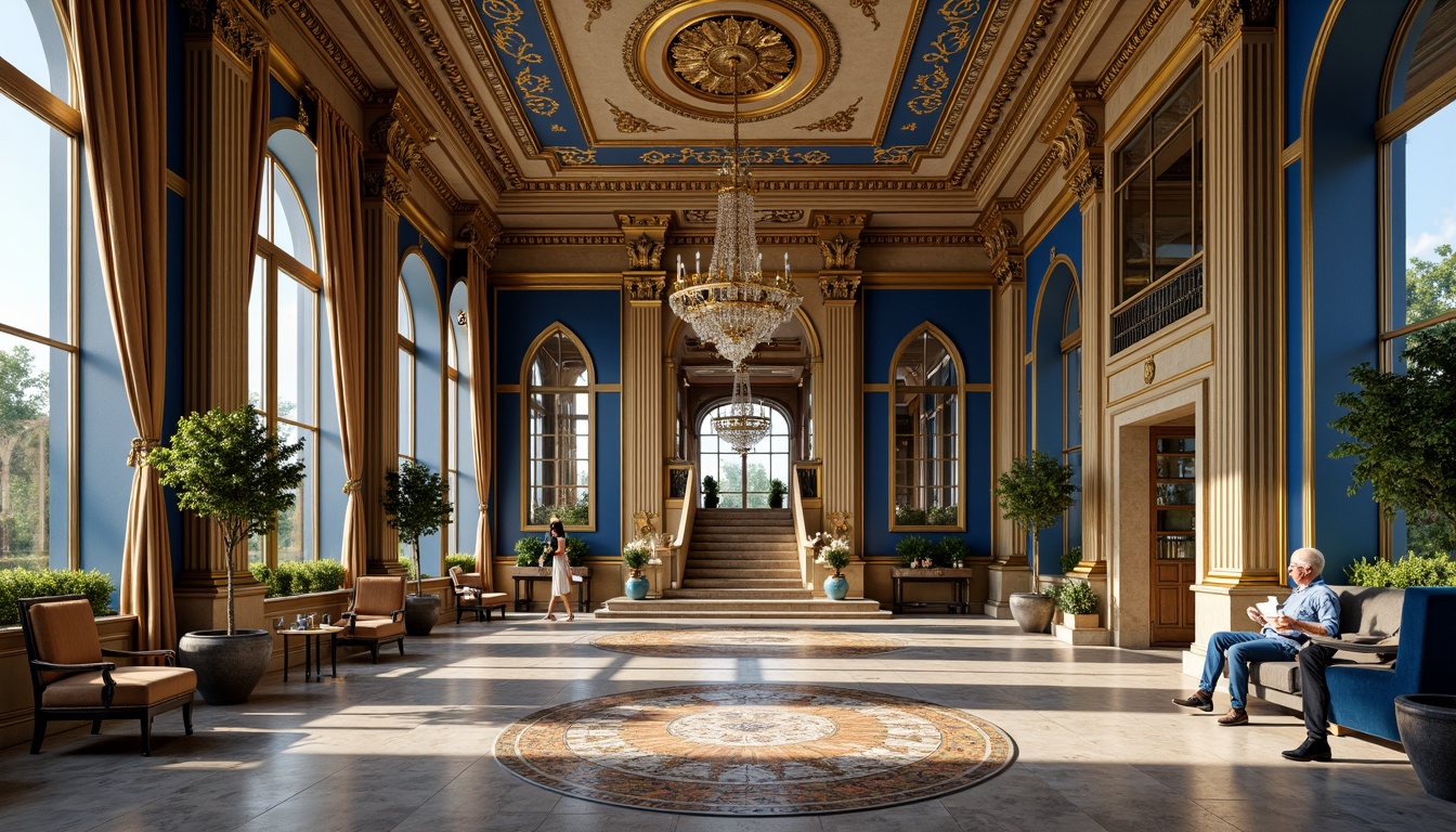 Prompt: Majestic building facade, Prussian blue accents, golden ornate details, luxurious marble floors, grand staircase, high ceilings, ornate chandeliers, lavish furnishings, opulent textiles, intricate moldings, richly textured walls, dramatic lighting, shallow depth of field, 1/2 composition, warm sunny day, soft focus, realistic reflections.