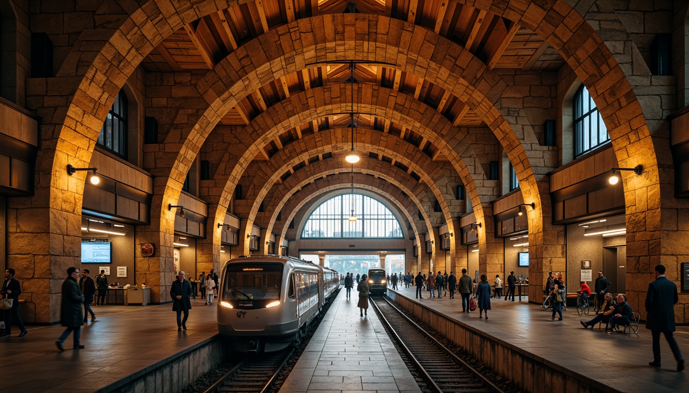 Prompt: Rustic metro station, archaic Romanesque architecture, robust masonry, rough-hewn stones, ornate carvings, grand vaulted ceilings, imposing columns, intricate stonework patterns, warm earthy tones, rich textures, dramatic lighting, atmospheric ambiance, busy urban setting, modern transportation hub, sleek trains, bustling pedestrian traffic, vibrant city life, 1/2 composition, low-angle shot, soft warm glow, realistic details.