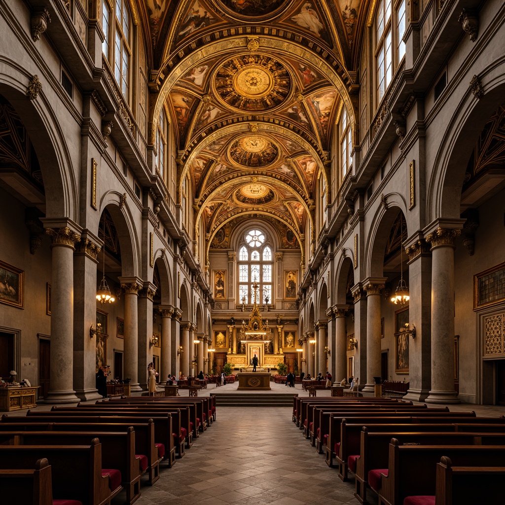 Prompt: Grandiose cathedral interior, ornate golden decorations, symmetrical nave layout, majestic stone columns, grand arches, intricate fresco ceilings, dramatic lighting effects, mystical atmosphere, rich velvet fabrics, elaborate wooden pews, gilded accents, solemn ambiance, precise perspective, one-point linear perspective, high contrast ratio, warm color palette, intense dramatic shadows.