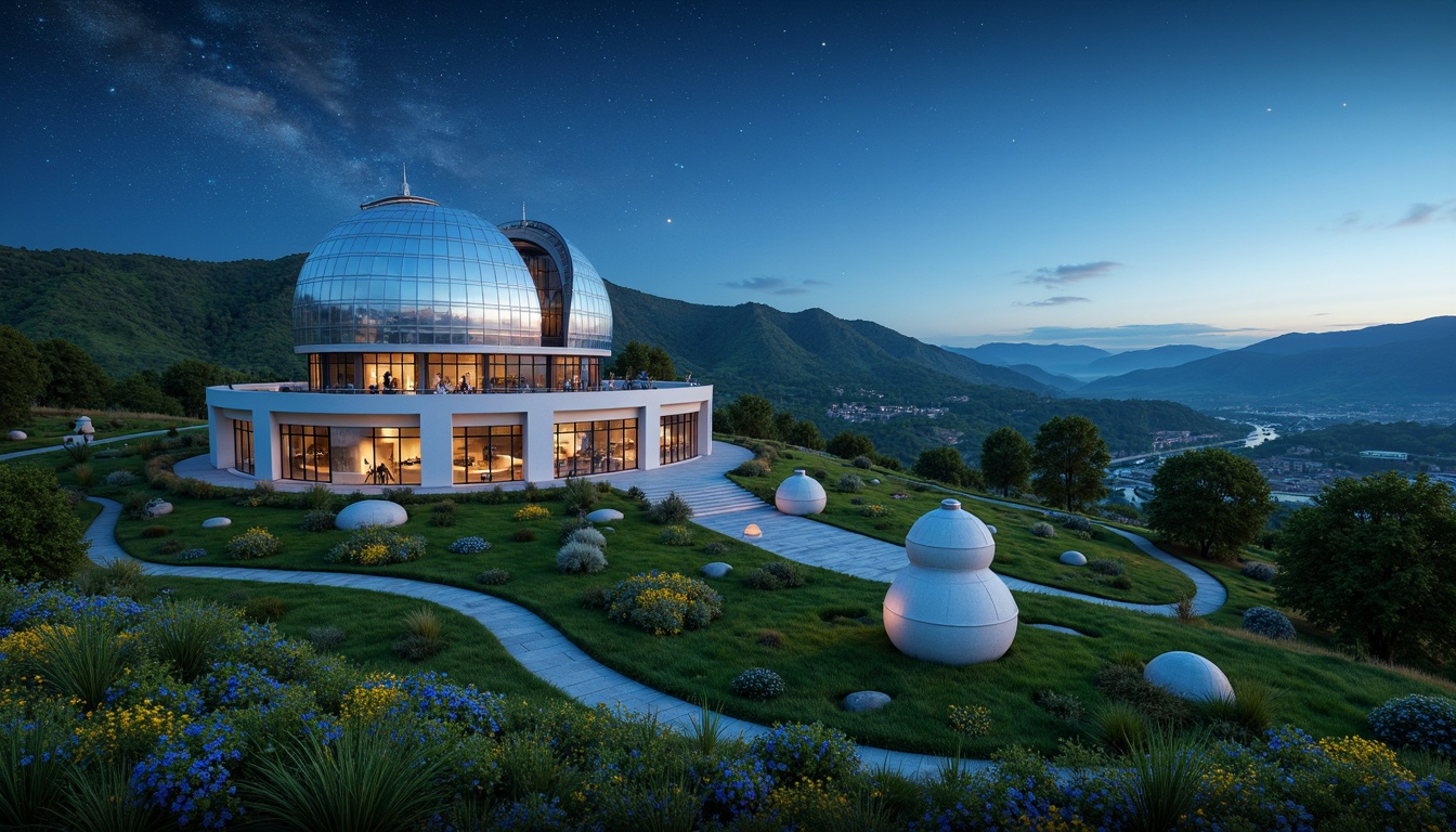 Prompt: Celestial planetarium, rolling hills, lush green grasslands, wildflowers, meandering pathways, astronomy-inspired sculptures, futuristic architecture, metallic domes, panoramic views, starry night skies, soft blue ambient lighting, shallow depth of field, 3/4 composition, realistic textures, ambient occlusion, telescopes, observatory decks, stargazing areas, constellation patterns, educational signage, interactive exhibits, space-themed landscaping.