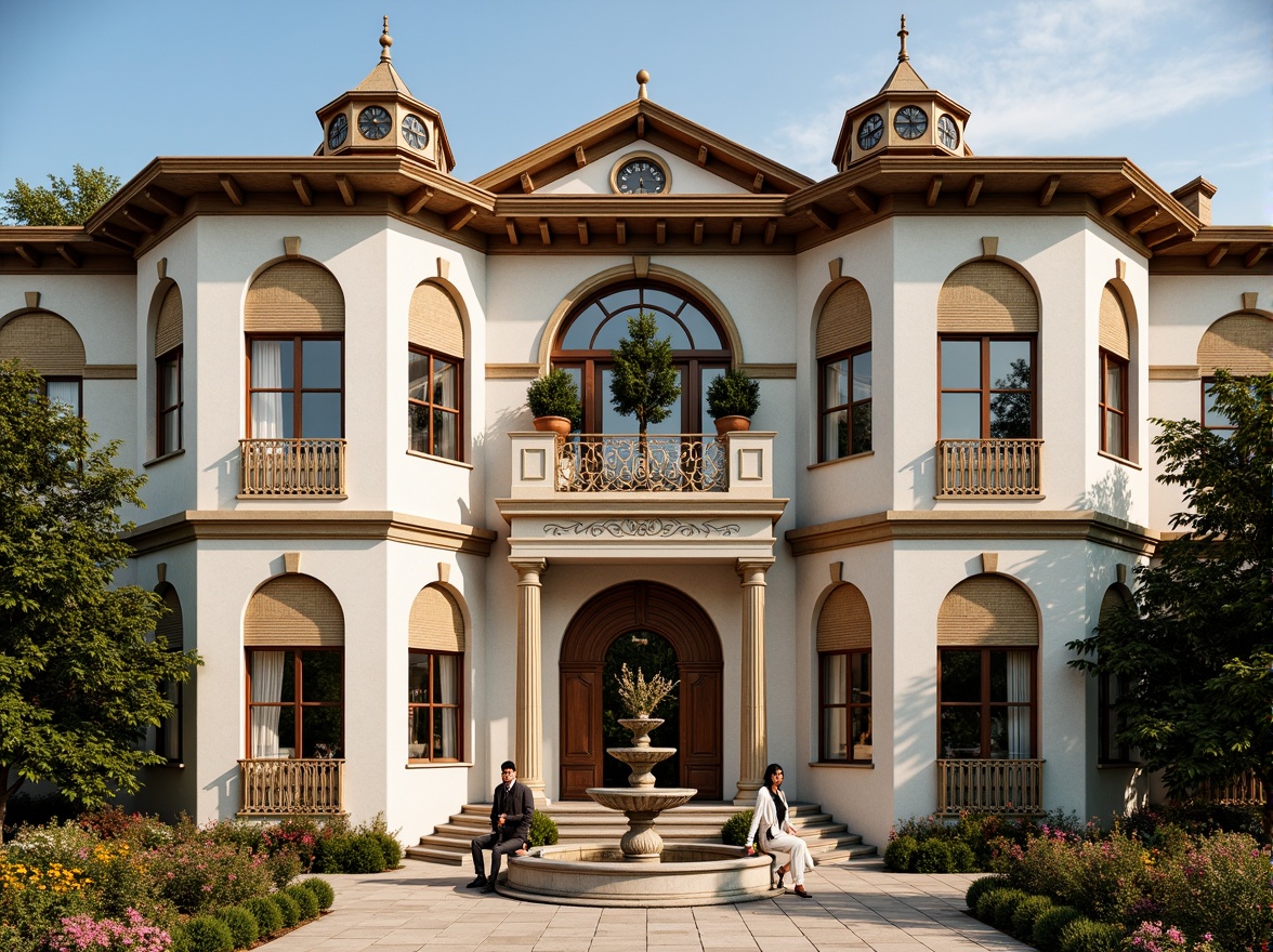 Prompt: Grandiose building facade, ornate stone carvings, intricate metalwork, lavish fountain displays, vibrant floral arrangements, delicate iron railings, ornamental doorways, elaborate roof turrets, majestic clock towers, symmetrical archways, rustic brick textures, warm golden lighting, shallow depth of field, 1/1 composition, realistic renderings, ambient occlusion.