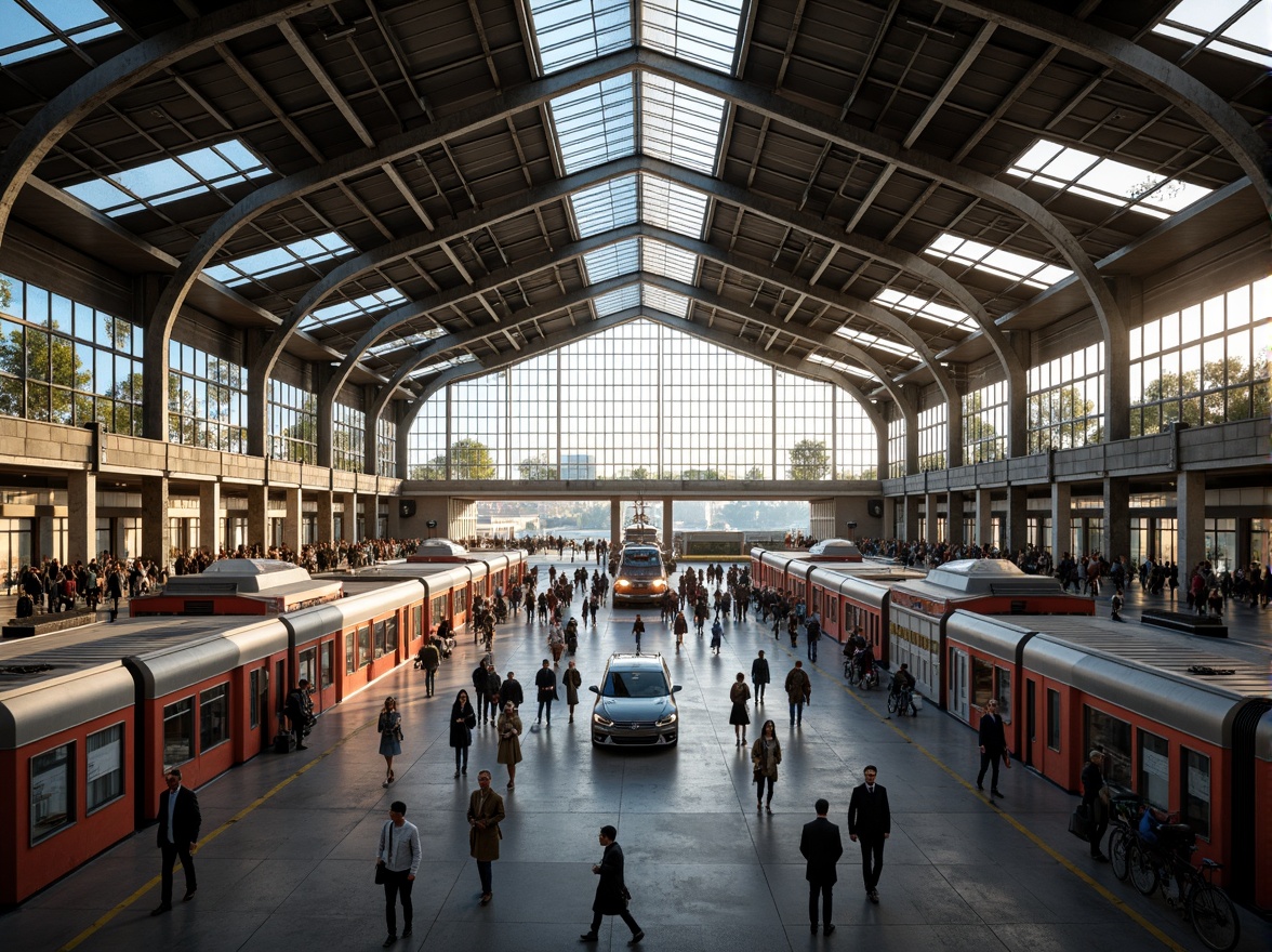 Prompt: Grand train station, high ceilings, natural light pouring in, spacious atrium, modern steel framework, minimalist design, sleek glass roofs, open-air concourses, pedestrian-friendly walkways, vibrant urban landscape, bustling city atmosphere, morning commuters rush, soft warm lighting, shallow depth of field, 3/4 composition, panoramic view, realistic textures, ambient occlusion.