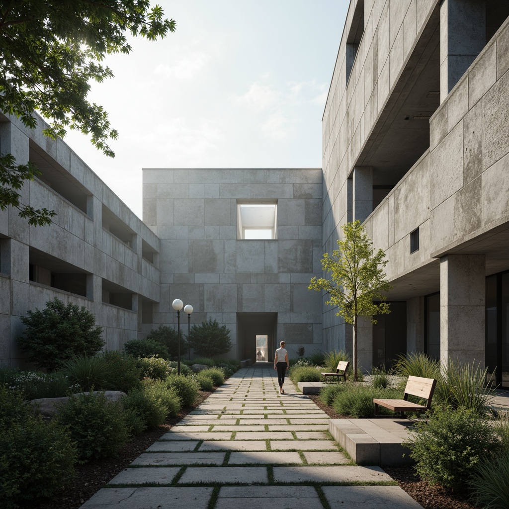 Prompt: Rugged church exterior, brutalist architecture, raw concrete walls, bold geometric shapes, minimalist landscaping, sparse greenery, weathered stone pathways, industrial-style benches, modern street lamps, dramatic shading, low-angle sunlight, high-contrast lighting, cinematic composition, 1/2 frame ratio, atmospheric fog, misty morning, subtle texture details.