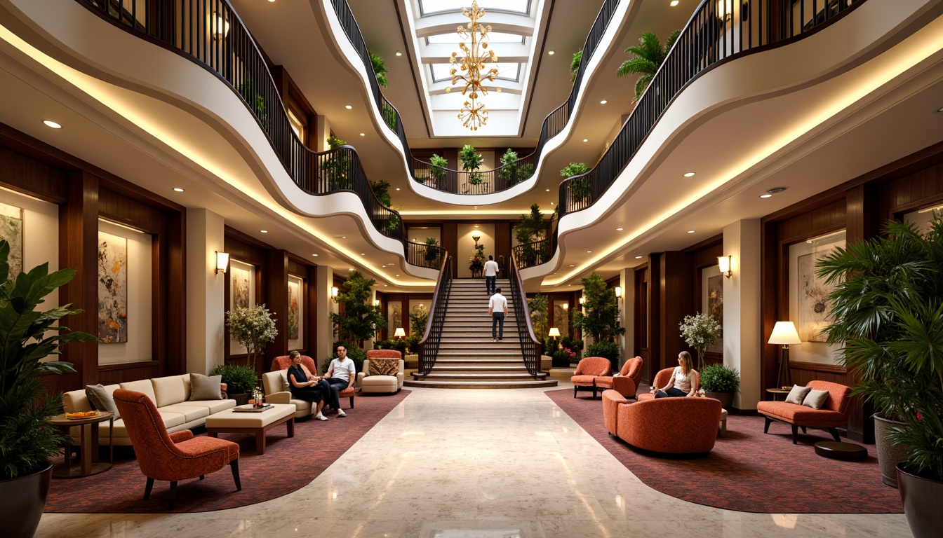 Prompt: Luxurious hotel lobby, sweeping curved lines, ornate furnishings, plush velvet upholstery, golden metallic accents, grand chandelier, marble flooring, soft warm lighting, cozy seating areas, lush greenery, vibrant floral arrangements, elegant staircase, sophisticated color palette, rich wood tones, intricate moldings, opulent decor, panoramic views, 1/1 composition, shallow depth of field, high-end amenities.