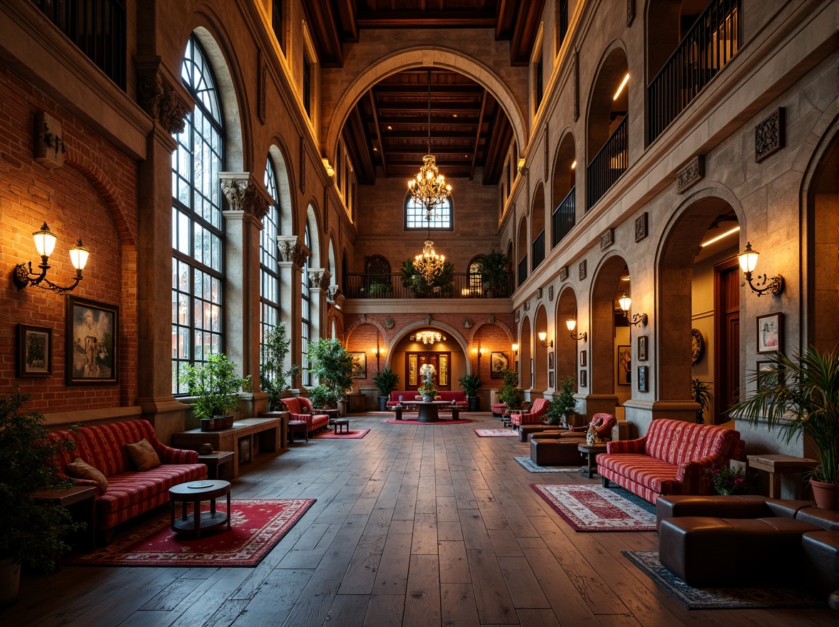 Prompt: Vibrant hostel lobby, grand Gothic arches, ornate stone carvings, stained glass windows, warm candlelight, rich wood furnishings, cozy seating areas, eclectic decorative accents, bohemian-inspired textiles, rustic wooden floors, exposed brick walls, medieval-style chandeliers, dramatic ceiling heights, mystical ambiance, atmospheric lighting, 1/2 composition, low-angle shot, warm color palette, realistic textures, ambient occlusion.