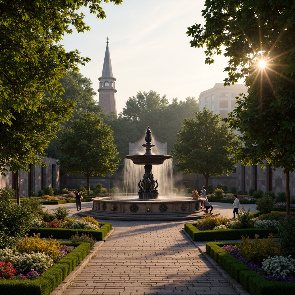 Prompt: Ornate fountain, grandiose statues, lush greenery, vibrant flowerbeds, manicured hedges, meandering pathways, decorative lamp posts, rustic stone walls, majestic trees, dramatic lighting, warm golden hour, soft focus, 1/2 composition, symmetrical framing, intricate ornamental details, high-contrast textures, ambient occlusion.