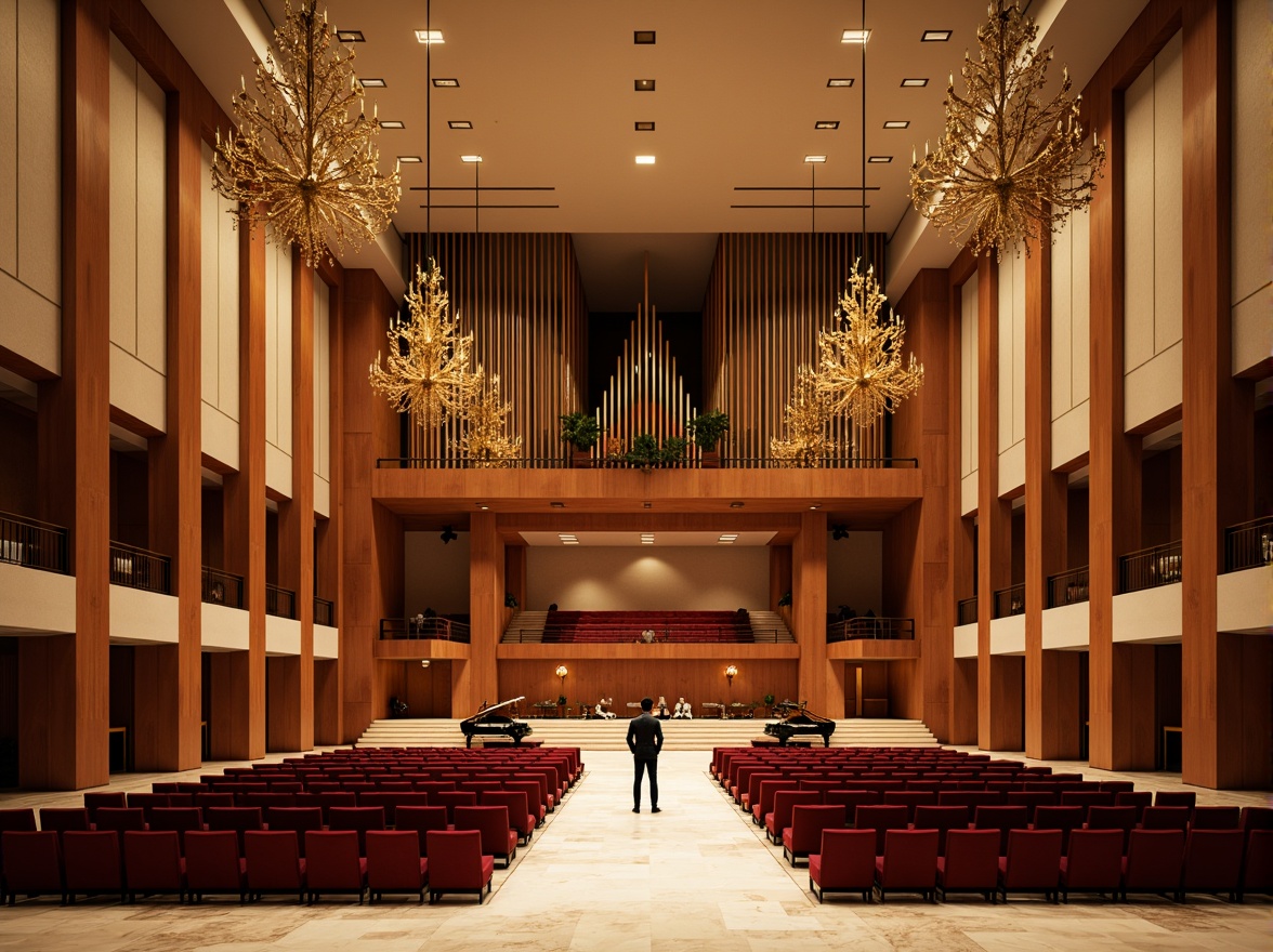 Prompt: Elegant concert hall, rich wood tones, warm beige walls, polished marble floors, ornate golden chandeliers, soft velvet curtains, plush crimson seats, sophisticated acoustic panels, modern architectural lines, grand pianos, subtle warm lighting, shallow depth of field, 2/3 composition, realistic textures, ambient occlusion.