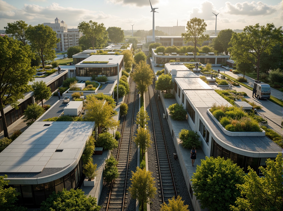 Prompt: Eco-friendly train station, lush green roofs, solar panels, wind turbines, rainwater harvesting systems, natural ventilation, abundant skylights, energy-efficient lighting, recycled materials, minimalist design, curved lines, organic shapes, living walls, vertical gardens, vibrant flora, tranquil atmosphere, soft warm lighting, shallow depth of field, 1/1 composition, panoramic view, realistic textures, ambient occlusion.