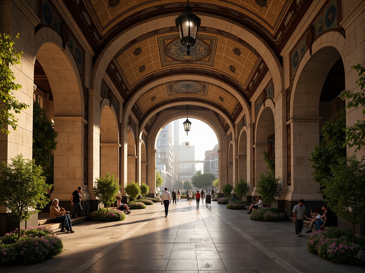 Prompt: Grand metro station, Romanesque arches, ornate columns, vintage lampposts, lush greenery, flowering vines, rustic stone walls, intricate mosaics, high ceilings, dramatic chandeliers, warm golden lighting, shallow depth of field, 1/2 composition, symmetrical view, realistic textures, ambient occlusion, urban cityscape, bustling pedestrian traffic, morning commute, soft misty atmosphere.