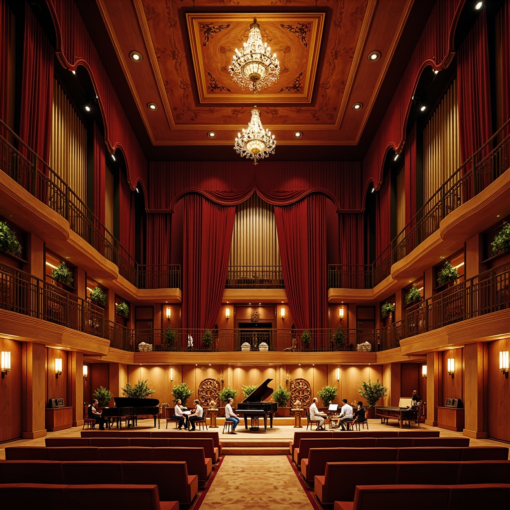 Prompt: Elegant concert house, luxurious velvet drapes, polished wooden floors, acoustic paneling, ornate chandeliers, grand pianos, plush seating areas, rich wood tones, metallic accents, sophisticated lighting design, warm ambiance, intimate performance spaces, dramatic high ceilings, sweeping archways, opulent curtains, refined textures, realistic reflections, detailed architectural ornaments, subtle gradient maps, cinematic camera angles, 1/2 composition, soft focus effects.