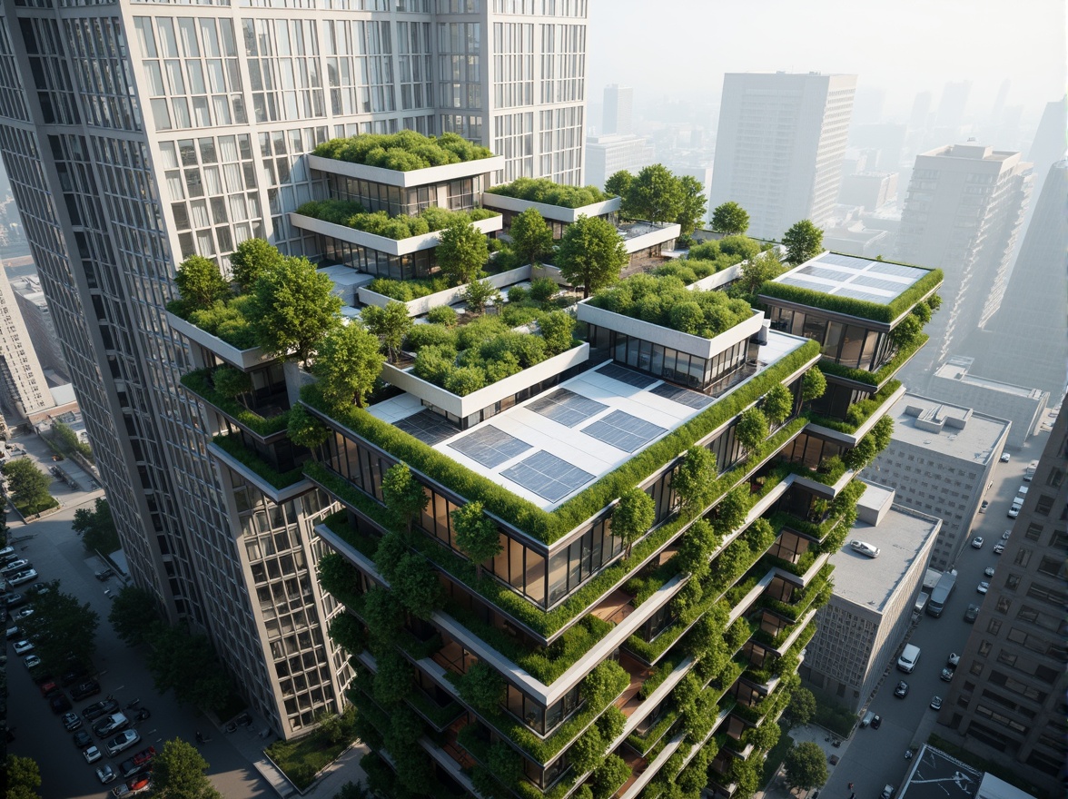 Prompt: Eco-friendly skyscraper, green roofs, solar panels, wind turbines, vertical gardens, recycled materials, minimalist design, sleek metal frames, floor-to-ceiling windows, natural ventilation systems, energy-efficient lighting, rainwater harvesting systems, grey water reuse, urban farming integration, living walls, biodiversity conservation, optimized building orientation, passive solar heating, cooling systems, futuristic aesthetic, curved lines, angular shapes, metallic textures, vibrant greenery, misty morning atmosphere, soft diffused lighting, 1/1 composition, realistic reflections.