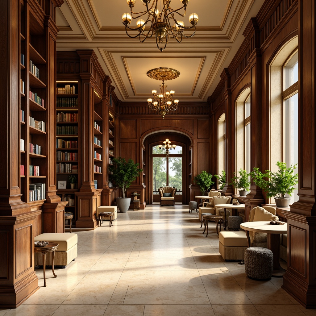 Prompt: Elegant library interior, ornate neoclassical architecture, warm beige marble floors, rich walnut wood paneling, soft golden lighting, grand chandeliers, intricate moldings, classic bookshelves, leather-bound tomes, comfortable reading nooks, subtle cream accents, muted sage greenery, sophisticated bronze fixtures, ornamental ceilings, dramatic archways, refined atmosphere, shallow depth of field, 1/1 composition, realistic textures, ambient occlusion.