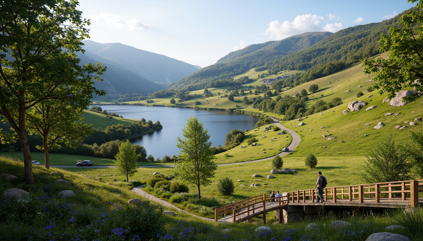 Prompt: Mountainous terrain, rolling hills, serene lakeside, lush greenery, vibrant wildflowers, meandering walking trails, wooden bridges, natural stone walls, rustic wooden fences, earthy tones, organic architecture, curved lines, blended boundaries, panoramic views, soft warm lighting, atmospheric mist, shallow depth of field, 3/4 composition, realistic textures, ambient occlusion.