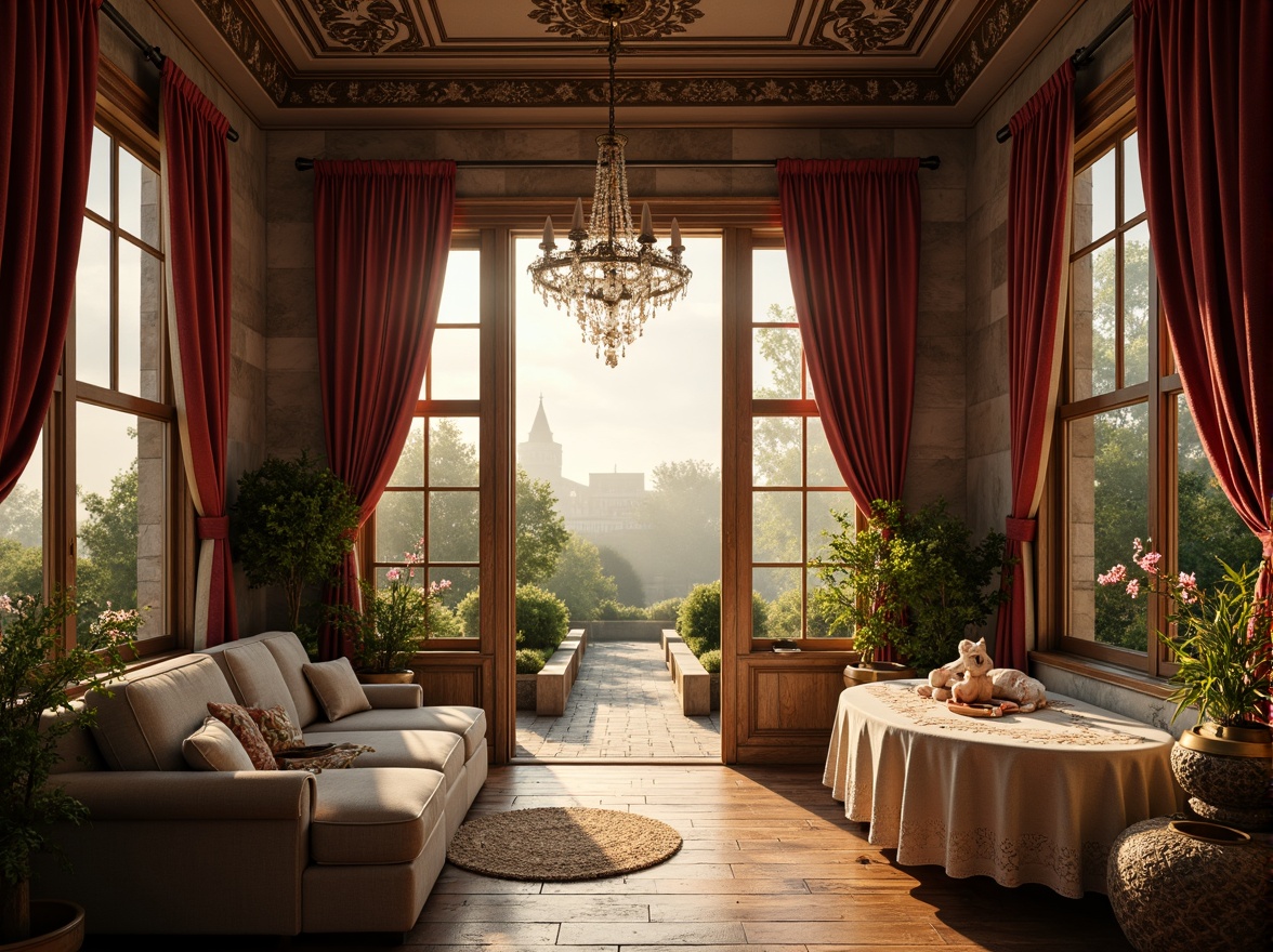 Prompt: Dreamy atmosphere, soft warm glow, vintage ornate details, distressed wood textures, lavish velvet fabrics, delicate lace patterns, grand crystal chandeliers, sweeping curtains, rustic stone walls, intimate cozy nooks, lush greenery, blooming flowers, serene water features, misty foggy mornings, warm golden lighting, high ceilings, large windows, French doors, ornate metalwork, intricate carvings, romantic ambiance, whimsical elegance, 1/1 composition, shallow depth of field, soft focus effect.