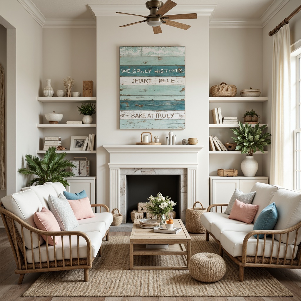 Prompt: Calming coastal atmosphere, soft creamy whites, weathered wooden accents, ocean-inspired blues, seafoam greens, sandy neutrals, coral pinks, nautical navy blues, distressed finishes, vintage beach signs, natural textiles, woven rattan furniture, driftwood decor, warm golden lighting, shallow depth of field, 1/2 composition, realistic wood textures, ambient occlusion.