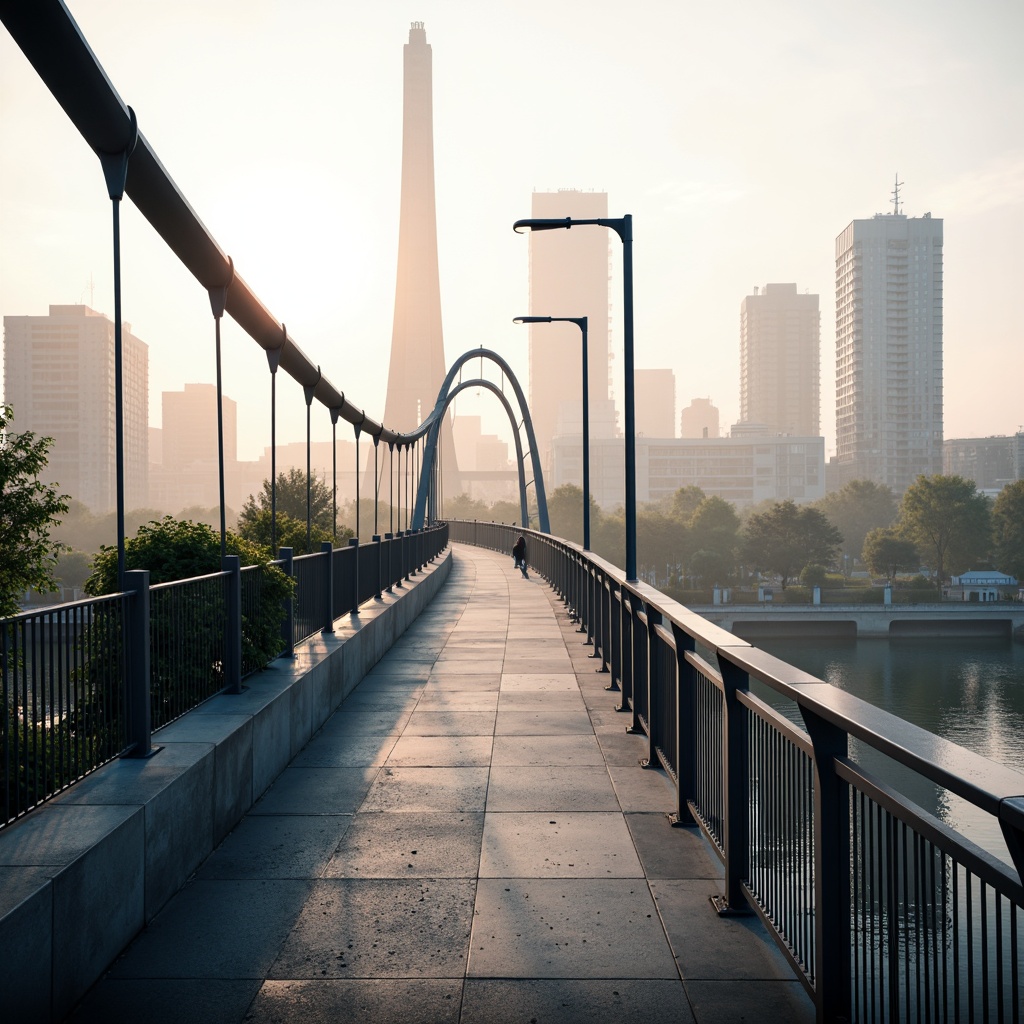 Prompt: Curved bridge structure, sleek metal railings, suspension cables, pedestrian walkways, urban cityscape, misty morning atmosphere, soft warm lighting, shallow depth of field, 3/4 composition, panoramic view, realistic textures, ambient occlusion, modern architectural style, functional traffic flow, efficient structural systems, durable materials, safety features, accessible pathways, scenic viewpoints, dynamic water flow, surrounding landscape integration.