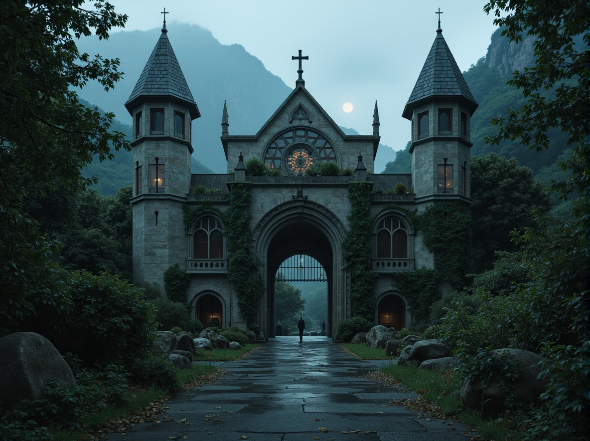 Prompt: Mysterious medieval castle, crumbling stone walls, overgrown vines, grandeur entrance gates, ornate ironwork, mystical fog, dim moonlight, eerie shadows, rugged terrain, misty mountains, ancient ruins, weathered statues, moss-covered tombs, mysterious artifacts, intricate stonework, pointed arches, ribbed vaults, flying buttresses, stained glass windows, dramatic lighting, low-key composition, atmospheric perspective, realistic texture details, cinematic ambiance.