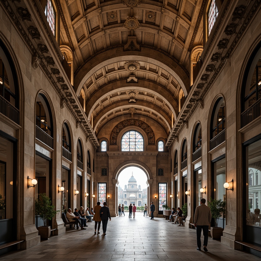 Prompt: Grand museum entrance, ornate stone carvings, rusticated arches, ribbed vaults, stained glass windows, intricate mosaics, classical columns, decorative capitals, Romanesque Revival style, earthy tone color palette, weathered stone textures, subtle warm lighting, shallow depth of field, 1/2 composition, symmetrical framing, realistic ambient occlusion.