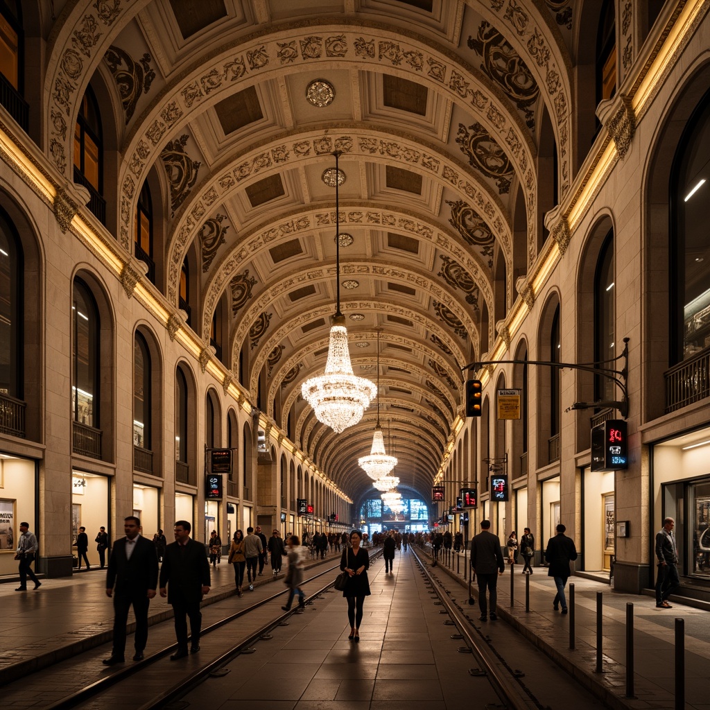 Prompt: Grand metro station, Romanesque archways, vaulted ceilings, ornate columns, intricate stone carvings, warm golden lighting, bustling pedestrian traffic, modern train systems, sleek rail lines, urban underground atmosphere, busy rush hour scenes, shallow depth of field, 1/1 composition, realistic textures, ambient occlusion, richly textured stonework, ornamental metalwork, grand chandeliers, elegant signage, sophisticated wayfinding systems.