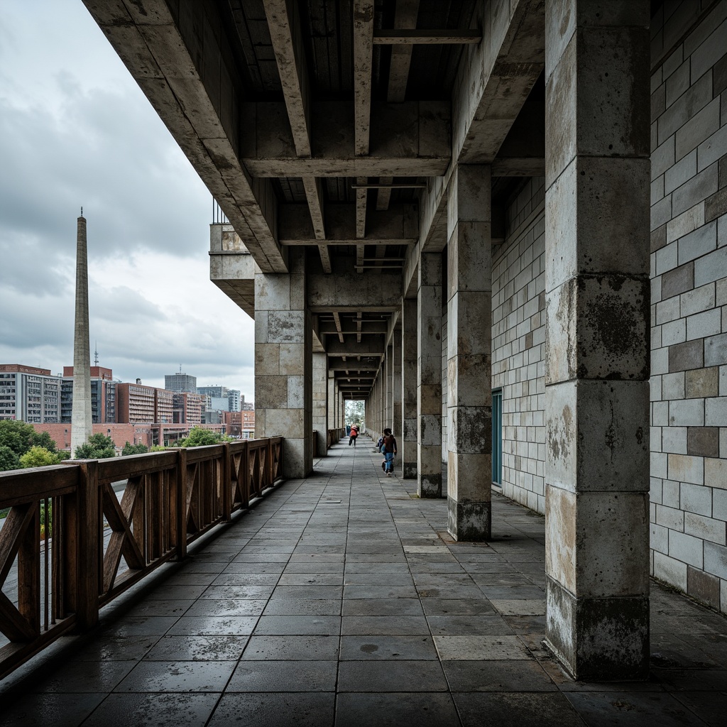 Prompt: Rugged brutalist bridge, exposed concrete surfaces, rough rock-textured columns, weathered steel beams, industrial metal railings, worn wooden planks, distressed stone walls, geometric patterned pavements, urban cityscape background, overcast cloudy sky, dramatic shadows, high-contrast lighting, deep depth of field, 2/3 composition, cinematic angle shots, realistic rendering, ambient occlusion.