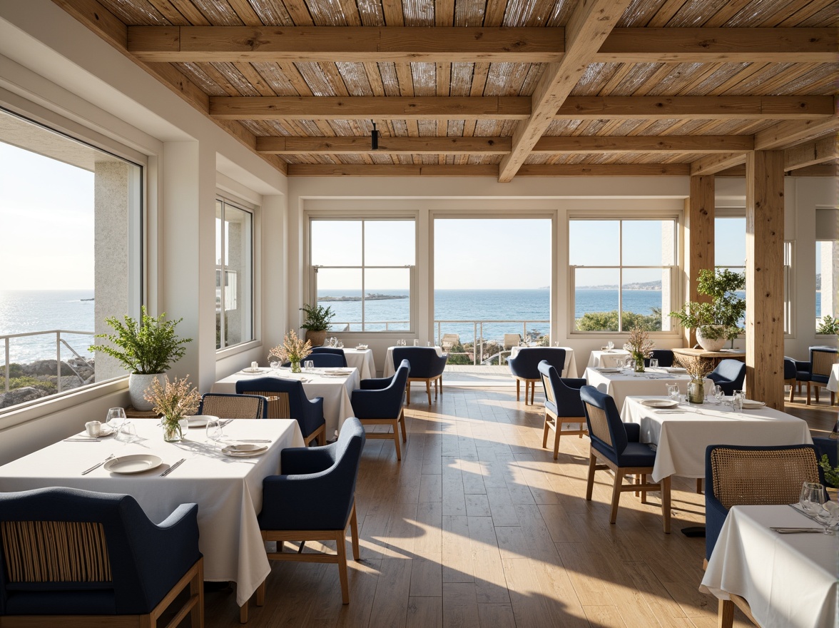 Prompt: \Coastal dining hall, calming ocean views, soft sandy beige walls, driftwood accents, nautical navy blue chairs, crisp white tablecloths, shell-inspired decorative patterns, warm golden lighting, shallow depth of field, 1/2 composition, realistic textures, ambient occlusion, natural woven fibers, distressed wood finishes, refreshing sea breeze atmosphere.\