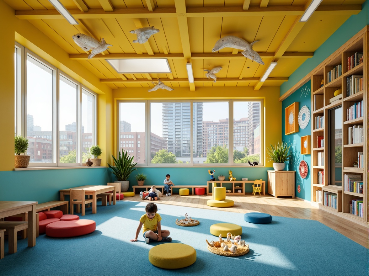 Prompt: Vibrant urban kindergarten, playful color palette, bright primary colors, soothing pastel hues, stimulating yellow walls, calming blue accents, natural wood textures, modern minimalist design, ample natural light, clerestory windows, educational graphics, interactive learning spaces, cozy reading nooks, soft carpeted floors, ergonomic furniture, whimsical wall murals, dynamic cityscape views, bustling urban atmosphere, morning sunlight, shallow depth of field, 1/2 composition, warm and inviting ambiance.