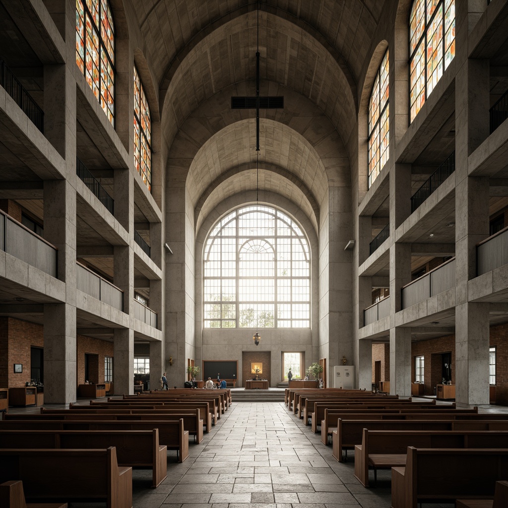 Prompt: Rugged church fa\u00e7ade, raw concrete textures, brutalist architecture, dramatic natural light, stained glass windows, grandiose interior spaces, minimalist pews, industrial-style lighting fixtures, exposed ductwork, poured-in-place concrete, geometric patterns, ribbed vaults, monumental scale, atmospheric misting, soft warm lighting, low-angle composition, symmetrical framing, realistic materials, ambient occlusion.