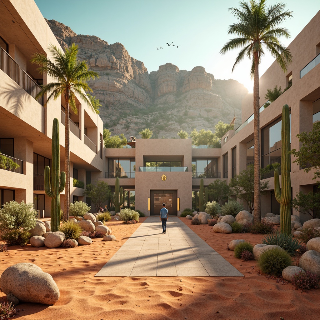 Prompt: Vibrant desert landscape, warm sandy dunes, majestic cacti, rich turquoise accents, burnt orange hues, soft beige tones, weathered stone textures, sleek metallic surfaces, futuristic architecture, angular lines, minimalist design, ambient lighting, shallow depth of field, 3/4 composition, panoramic view, realistic reflections, urban modernity.