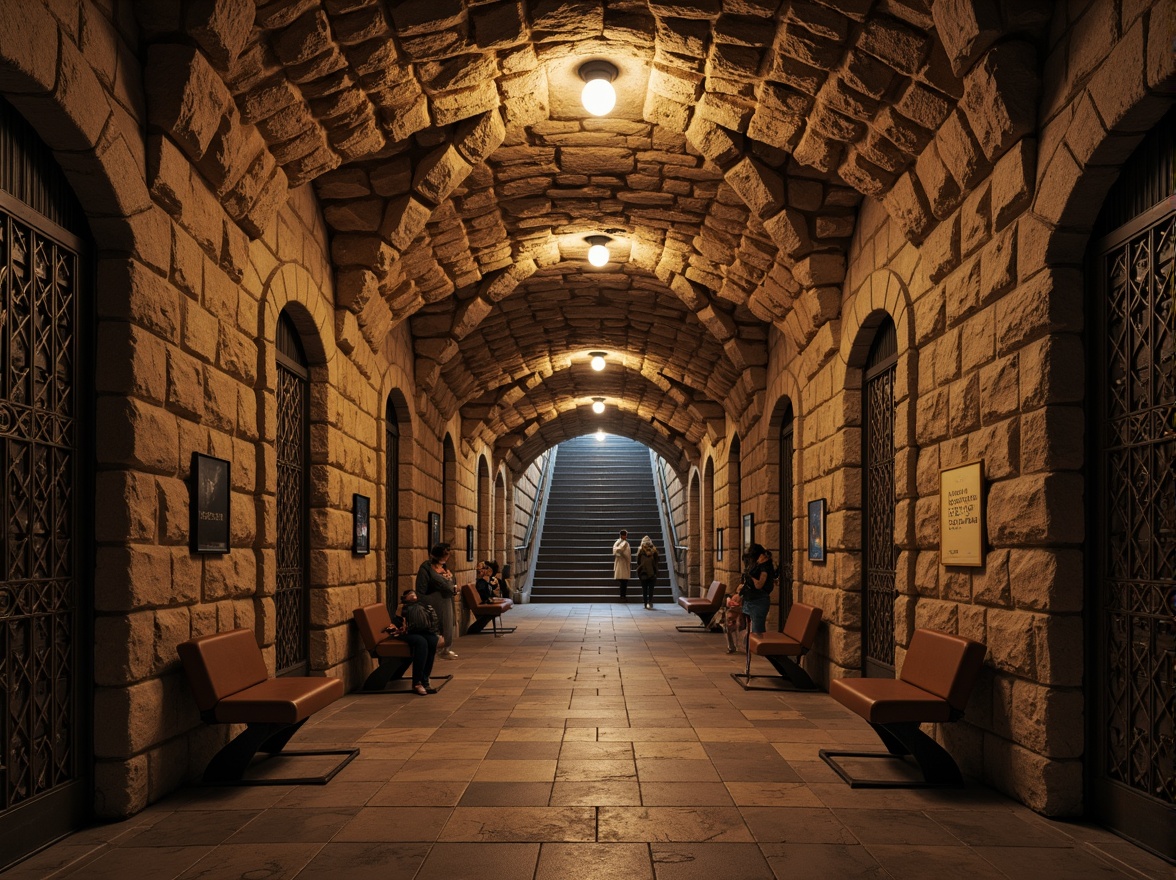 Prompt: Grandiose underground metro station, rustic masonry walls, archaic stone carvings, vaulted ceilings, ornate ironwork, medieval-inspired architecture, rugged brick facades, imposing columns, intricate stonework patterns, warm ambient lighting, soft focus, shallow depth of field, 2/3 composition, symmetrical framing, realistic textures, subtle atmospheric effects.